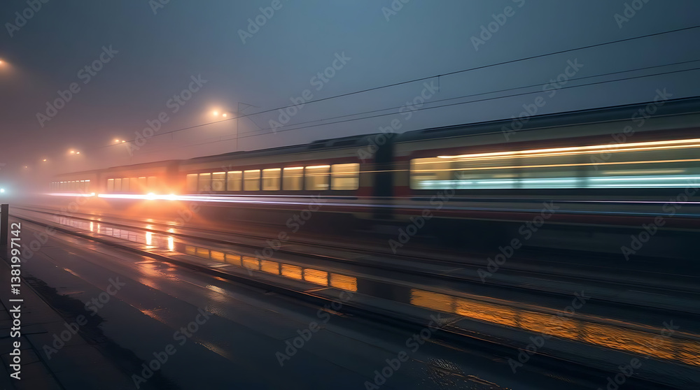 Foggy Night Train Moving Fast on Wet Track Foggy Night Train Moving Fast on Wet Track
