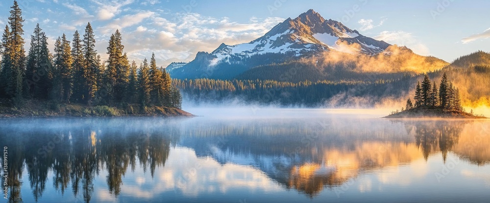 Serene Mountain Landscape at Sunrise with Misty Lake Reflection and Pine Trees under a Blue Sky Serene Mountain Landscape at Sunrise with Misty Lake Reflection and Pine Trees under a Blue Sky