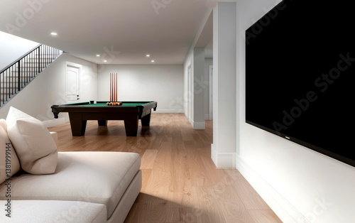 A basement entertainment room with a large TV a pool table and a comfortable couch with copy space photo . Fun game room below stairs.