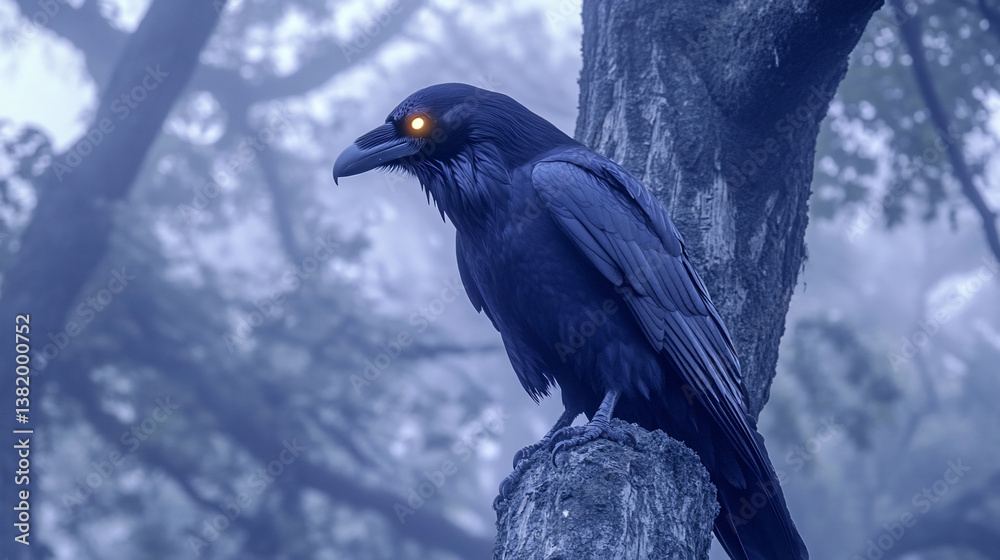 Fototapeta premium Hauntingly Beautiful Raven on Moss-Covered Tree in Twilight Mist