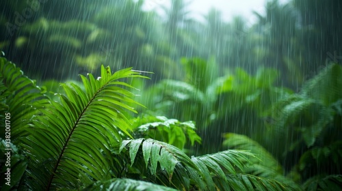 A tropical monsoon with heavy rain strong winds and lush vegetation soaked in water. Drenched jungle storm.