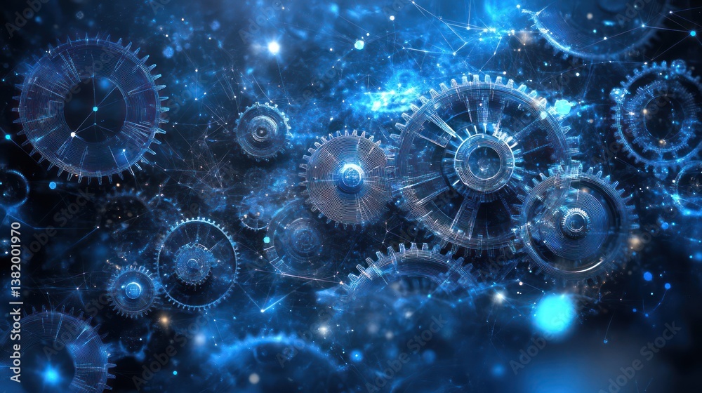 Interconnected gears, network, abstract, digital, blue, technology, background, time, innovation, website banner Interconnected gears, network, abstract, digital, blue, technology, background, time, innovation, website banner