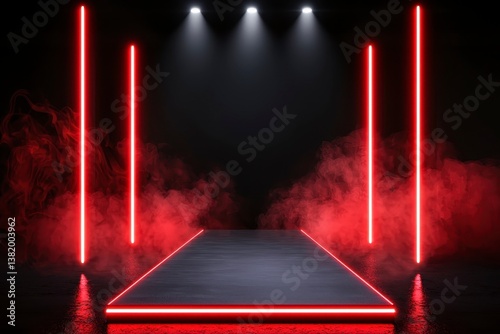Fashion show runway with red lights on a black background long podium perspective neon lamps glowing in smoke realistic illustration focus cover all object. Red glow runway spectacle.