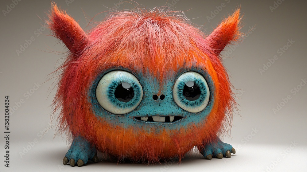 Obraz premium Adorable Orange Fuzzy Creature with Big Blue Eyes on Neutral Backdrop Digital Art Monster of excellence.