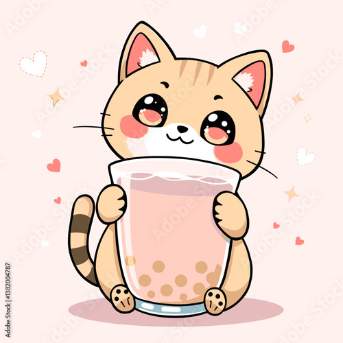 Cute Kawaii Cat Holding a Glass of Boba Tea with Hearts and Stars on Pink Background.