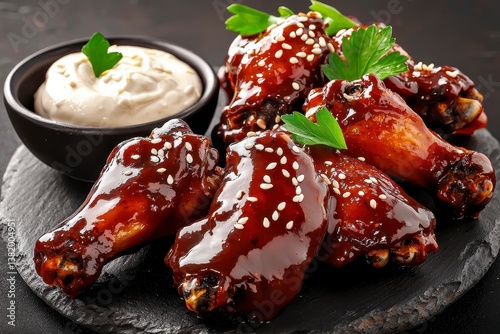Juicy hot wings covered in a smoky chipotle sauce elegantly presented with a side of garlic aioli and a sprinkle of sesame seeds ultra HD . Spicy chicken delight.