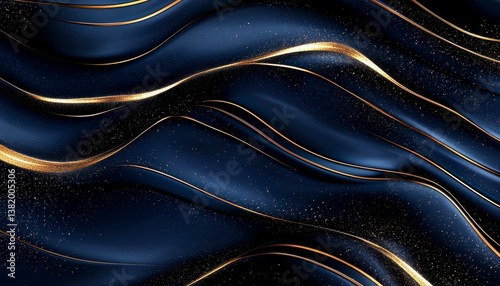 Navy blue liquid marble effect with gold powder highlights creating a high end luxurious wallpaper aesthetic photo . Deep blue swirl with gold dust.