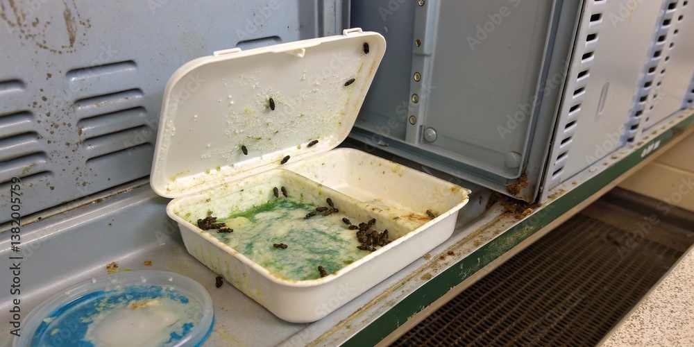 Contaminated food container with insects in a school locker during lunchtime
