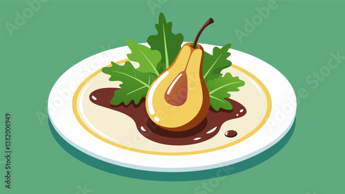 A single pear sliced neatly and displayed on a small modern plate with fresh arugula and a drizzle of balsamic glaze.. Vector illustration