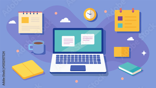 A laptop neatly p on a desk surrounded by postit notes with reminders of upcoming assignments and project deadlines.. Vector illustration