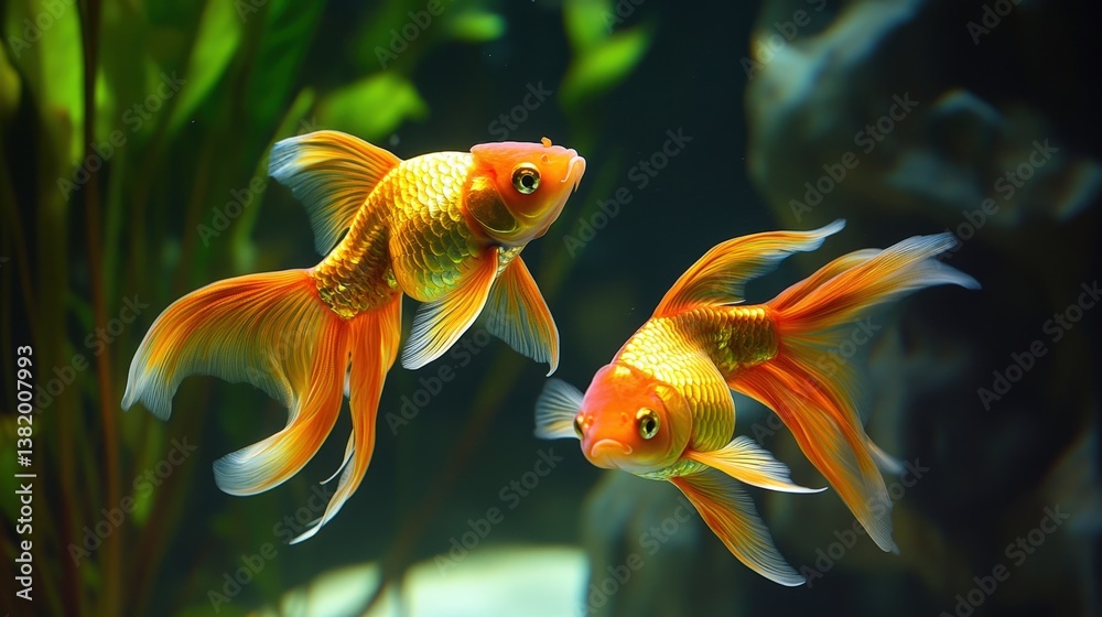 Two Goldfish Swimming: Two vibrant goldfish with flowing fins gracefully swim in an aquarium, their scales shimmering under the water. Two Goldfish Swimming: Two vibrant goldfish with flowing fins gracefully swim in an aquarium, their scales shimmering under the water.