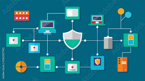 A network diagram showcasing the various checkpoints and monitoring systems in place to ensure the safe transfer of data.. Vector illustration