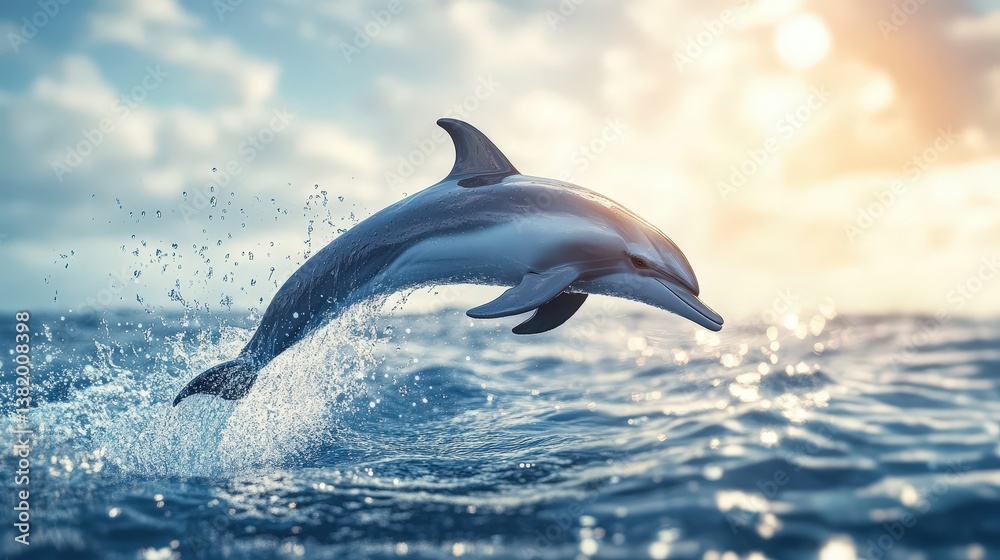Fototapeta premium Dolphin's Aquatic Leap: A sleek dolphin soars gracefully through the air, breaching the surface of a tranquil sea. capturing its innate agility and power, illuminated by the golden light of the sun.