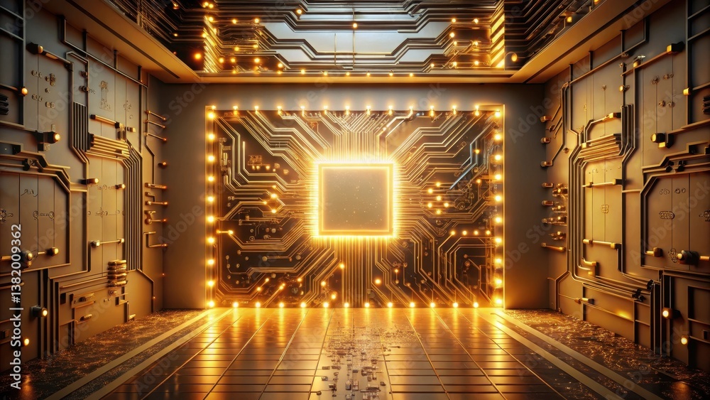 Obraz premium Illuminated Circuitry Chamber A Futuristic Golden Interior with Glowing Pathways and Central Processing Unit