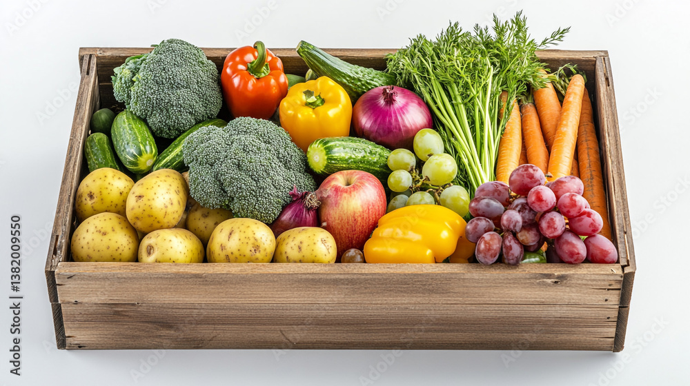 A wooden crate filled with a variety of fresh produce including vegetables and fruits on a white background A wooden crate filled with a variety of fresh produce including vegetables and fruits on a white background