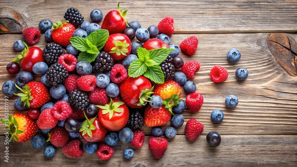 A Bountiful Collection of Summer Berries and Fresh Mint on Rustic Wooden Surface A Bountiful Collection of Summer Berries and Fresh Mint on Rustic Wooden Surface
