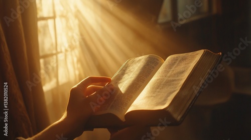 Hands reading open book with sun rays shining through the window in dark room