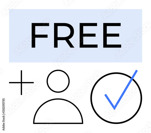 User icon with a plus sign, blue checkmark, and FREE text emphasizing cost-free access, registration, or verification. Ideal for subscription, approval, simplicity, authentication service internet