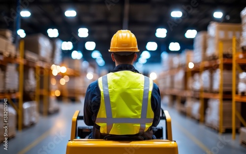 A shot from back view of a logistics employee is operating a forklift truck in a busy warehouse. Worker moves cargo in depot.