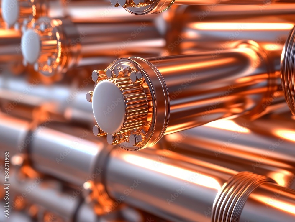 Naklejka premium close up of a boiler tubes bundle showcasing the connections and robust materials used in refinery and petrochemical plants. Refined plant pipe detail.