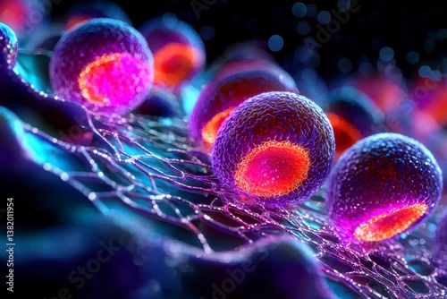 Close up of a cluster of undifferentiated stem cells highlighted by vibrant colors and intricate details representing cutting edge genetic research and cell therapy. Colorful cell