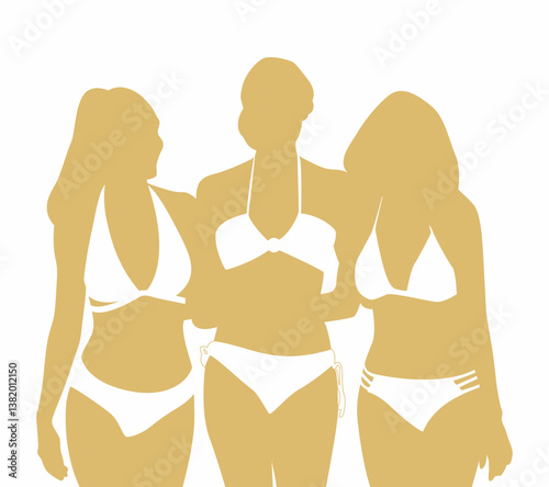 Silhouette of three young girl in bikini isolated on a white background