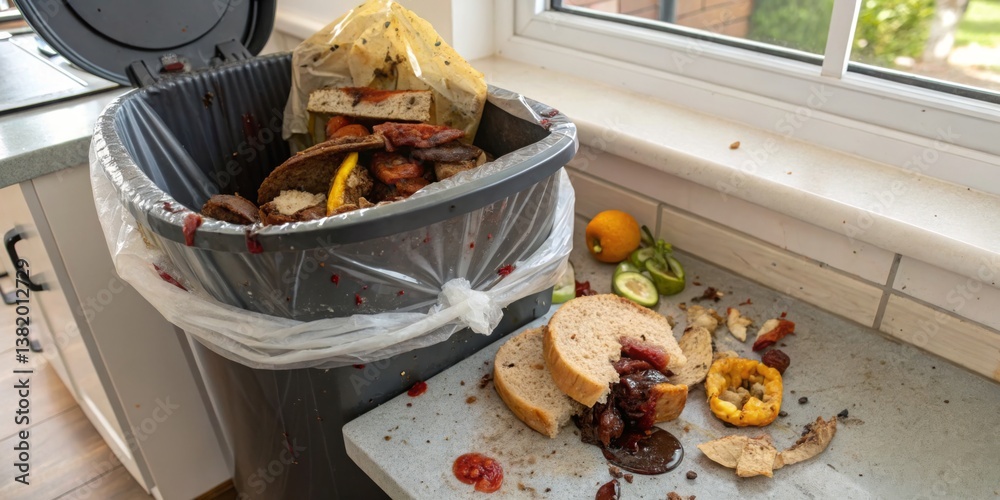 Discarded food and waste fill a kitchen trash can, showcasing a missed opportunity for composting and recycling efforts