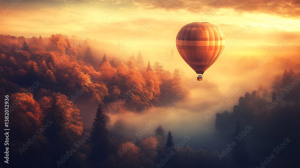 Obraz premium Hot air balloon soaring over misty autumn forest at sunrise