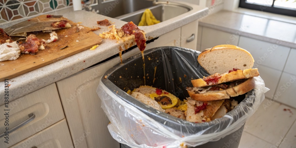 Messy kitchen with food waste overflowing from trash bin after cooking activity in bright, casual setting