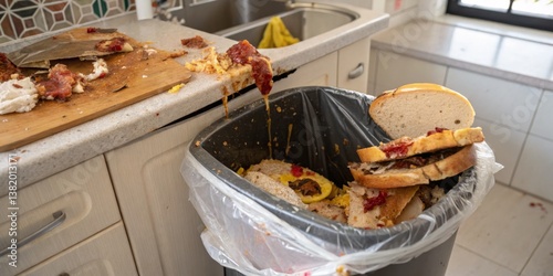 Obraz na płótnie Messy kitchen with food waste overflowing from trash bin after cooking activity in bright, casual setting w salonie