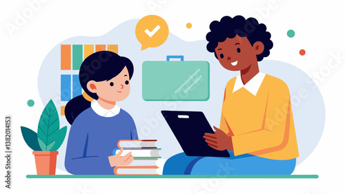 A guidance counselor meets with a student to help them break down their longterm goals into achievable steps for the school year.. Vector illustration