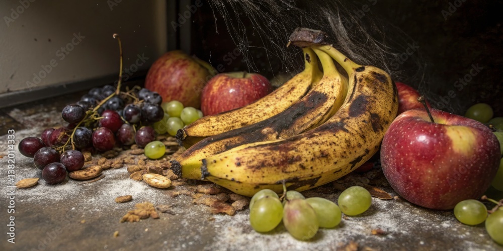Rotting fruit assortment with bananas, apples, and grapes scattered on a dusty surface in an abandoned kitchen