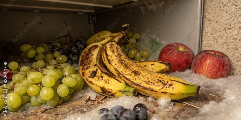 Fresh fruits displayed in a refrigerator showcasing ripe bananas, grapes, and apples surrounded by frost