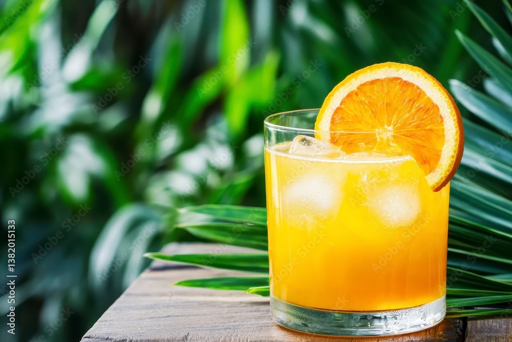 Refreshing glass of orange juice with ice cubes decorated with an orange slice placed on a wooden table at a tropical luxury resort surrounded by lush foliage summer vibes. Icy citrus Refreshing glass of orange juice with ice cubes decorated with an orange slice placed on a wooden table at a tropical luxury resort surrounded by lush foliage summer vibes. Icy citrus
