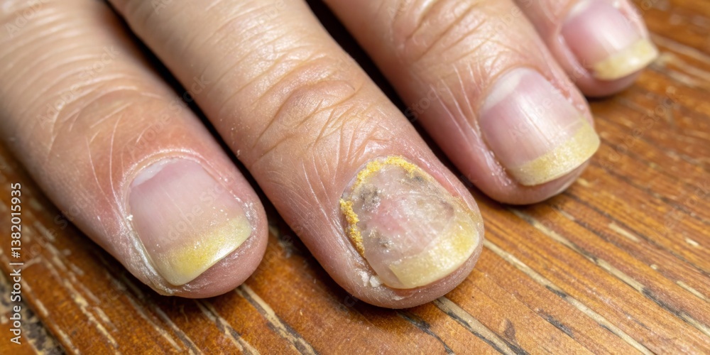 Discussion on nail fungus treatment with a close-up view of infected fingernails during evening consultation in a home setting