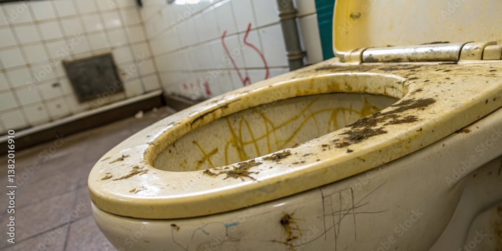 Abandoned restroom with a dirty toilet in a neglected public facility