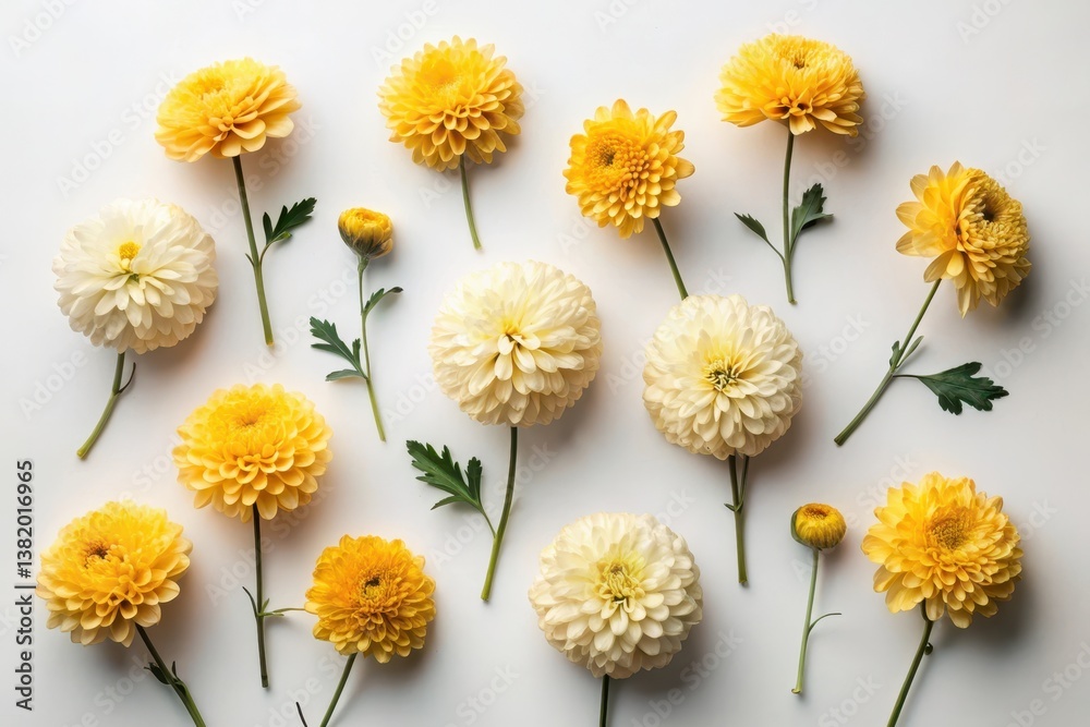 Obraz premium A delightful arrangement of yellow and off-white chrysanthemums, artfully composed on a pristine white background