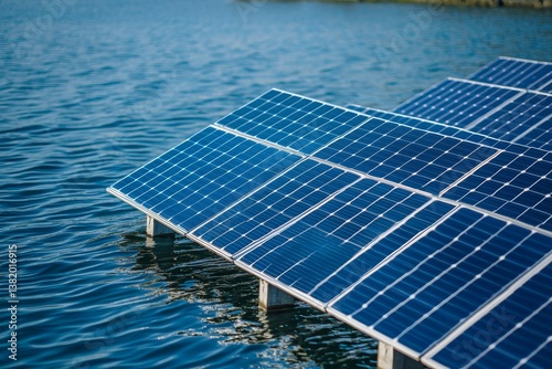 Floating solar panels on calm water surface harnessing renewable energy