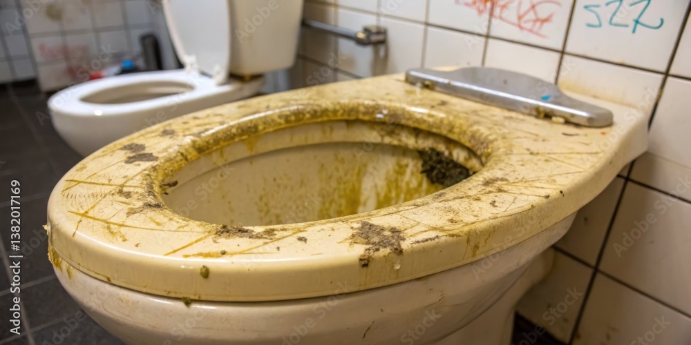 Dirty restroom with unkempt toilet and unsanitary conditions in a public facility at midday