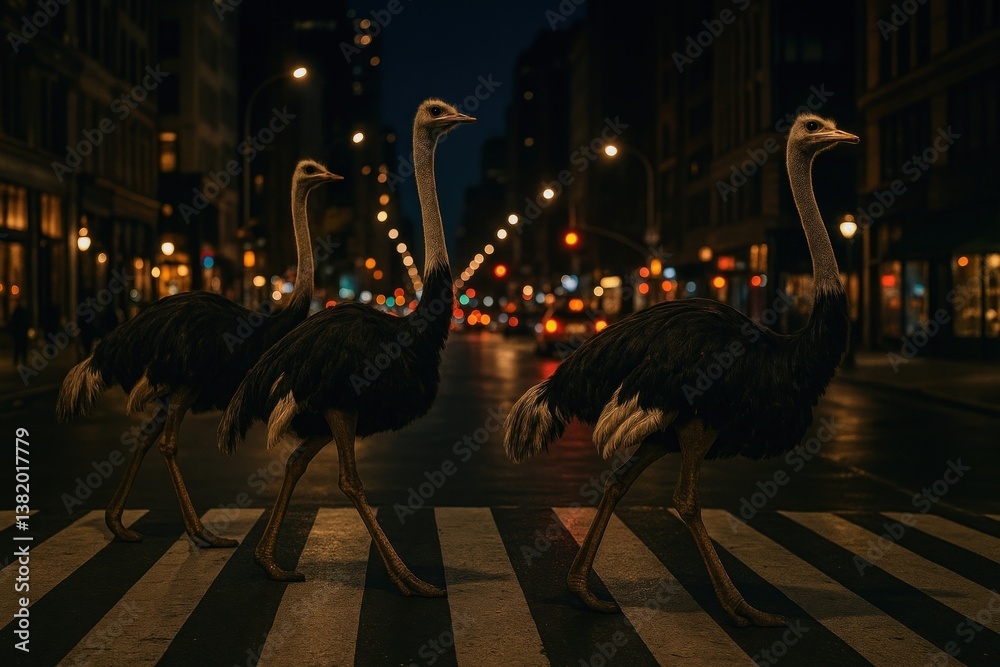Fototapeta premium Ostriches crossing city street.