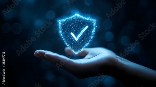 Blue glowing shield with check mark floating above open hand, symbol of digital protection, promise, and guarantee concept.