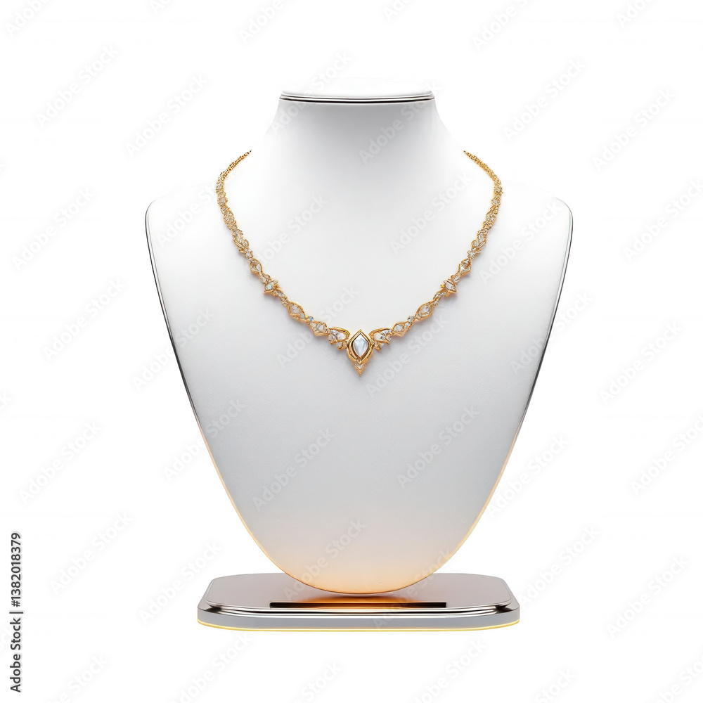 Golden filigree necklace with white gems on a mannequin bust. Golden filigree necklace with white gems on a mannequin bust.