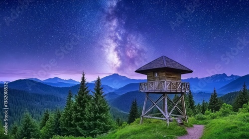 A firewatch tower overlooking a vast forest under the glow of the Milky Way photo