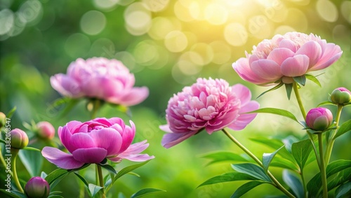 Radiant Pink Peonies Blooming in a Lush Garden Setting Under the Warm Glow of Sunlight