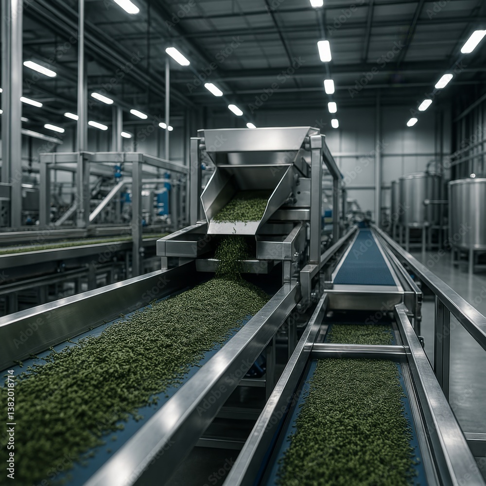 Industrial processing of green materials in a modern factory setting during daytime