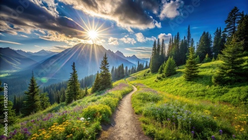 A sun-drenched mountain path winds through vibrant wildflowers, leading towards majestic peaks under a breathtaking sky.