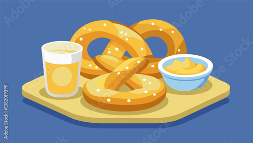 A selection of freshly baked pretzels paired with a variety of dipping sauces including tangy honey mustard and warm cheese sauce.. Vector illustration