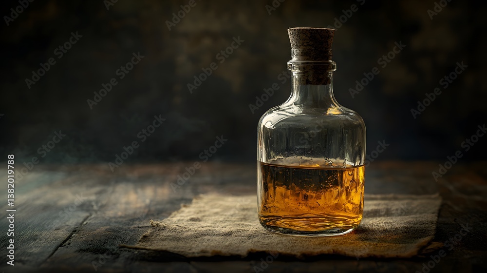 Glass Bottle with Liquid on Table: Clear and Refreshing Beverage Concept Displayed Professionally. Glass Bottle with Liquid on Table: Clear and Refreshing Beverage Concept Displayed Professionally.