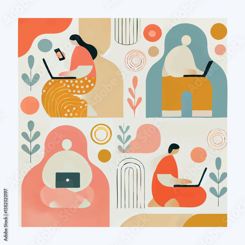 A collection of minimalist collages featuring women, animals, and cozy home scenes. The illustrations use simple, organic shapes and a flat, warm pastel palette to convey comfort and calm.