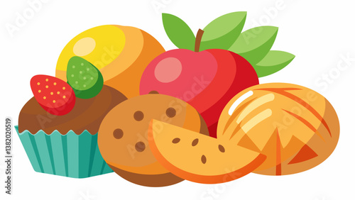 A selection of whole grain muffins and fresh fruit slices a balanced and filling snack option for children.. Vector illustration